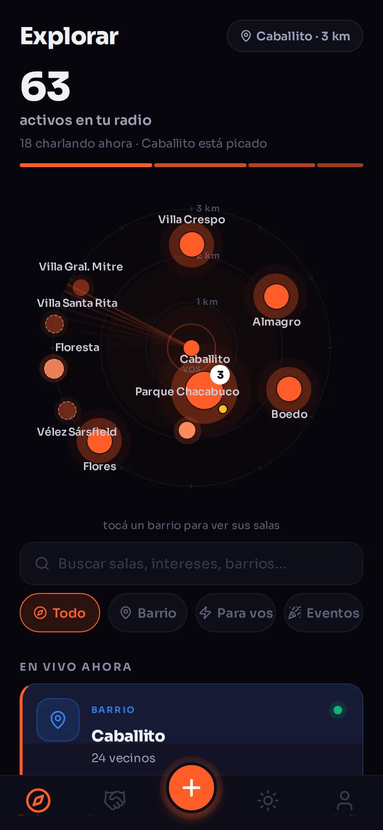 Pantalla Explorar de Punto: un radar con los barrios cercanos y cuánta gente hay activa en cada uno