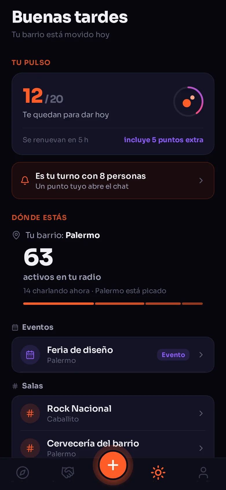 Pantalla Hoy de Punto: los puntos que te quedan, cuánta gente hay activa en tu barrio y los eventos y salas del día
